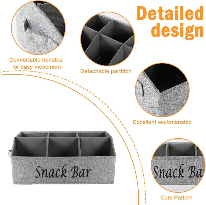 Snack Organizer for Countertop, Fabric Snack Container with Handles, 6 Compartment Snack Box Bin Snack Basket, Snack Bar Station Decor, Kitchen Cabinet Pantry Organizer and Storage - Image 2