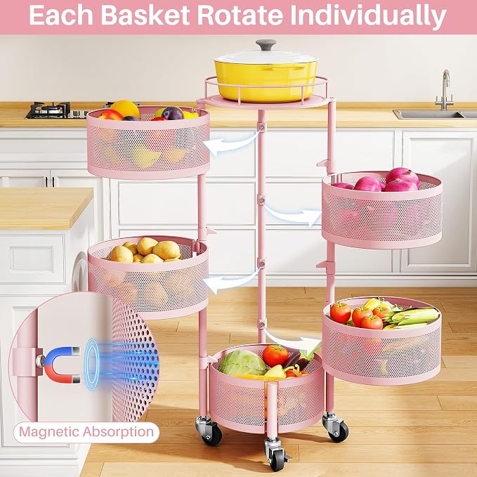 SNTD Fruit and Vegetable Basket Bowls for Kitchen with Metal Top Lid, 5 Tier Rotating Storage Rack Cart for Potato Onion Bread Banana, Wire Basket Organizer on Wheels, Large, Pink - Image 3