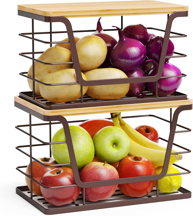 ALOCEO 2 Pack Stackable Wire Storage Basket with Bamboo Lid, Trash Bag Dispenser Under Sink for 4-13 Gal Bags, Kitchen Storage Bins for Potato and Onion, Brown by ALOCEOWallHooksAdhesive