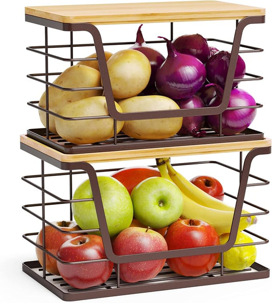 ALOCEO 2 Pack Stackable Wire Storage Basket with Bamboo Lid, Trash Bag Dispenser Under Sink for 4-13 Gal Bags, Kitchen Storage Bins for Potato and Onion, Brown by ALOCEOWallHooksAdhesive