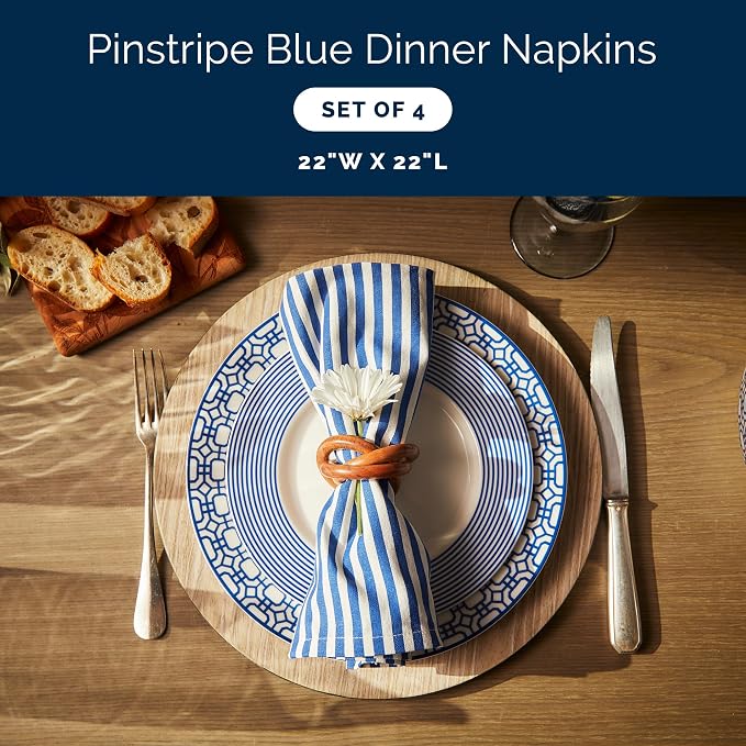Pinstripe Blue Dinner Napkins Set of 4 | 100% Cotton Cloth Set for Entertaining or Everyday Table | Perfect for Wedding, Birthday, Christmas Blue and White, 22 Inch Square - Image 2