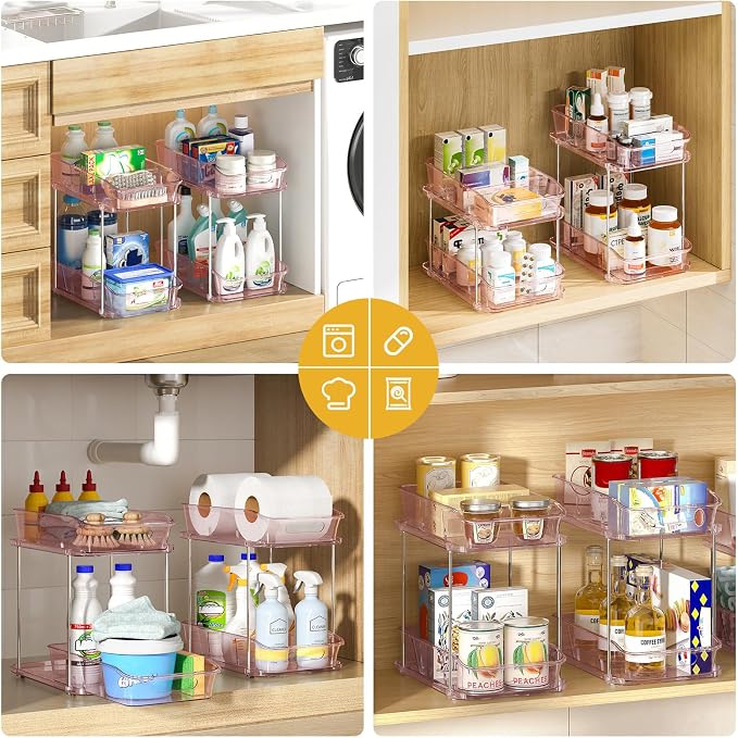 Delamu 2-Tier Under Sink Organizers and Storage, Multi-Purpose Stackable Bathroom Cabinet organizers, Pull Out Kitchen Pantry Organization and Storage with Dividers(2 Pack, Pink) - Image 4
