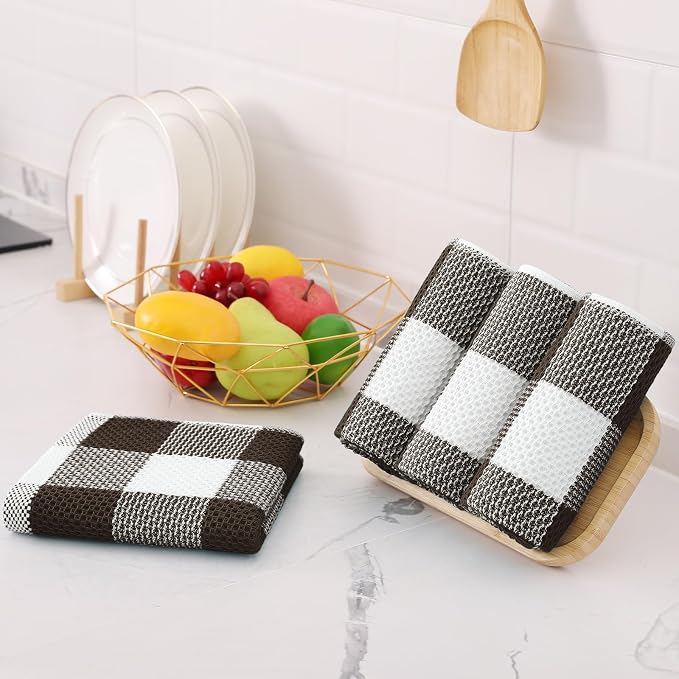 Homaxy Kitchen Towels and Dishcloths Set, Set of 8, White & Dark Brown | Bulk Cotton Waffle Weave Check Plaid Kitchen Towels, Super Soft and Absorbent Dish Cloths, 12 x 12 and 13 x 28 Inches - Image 8