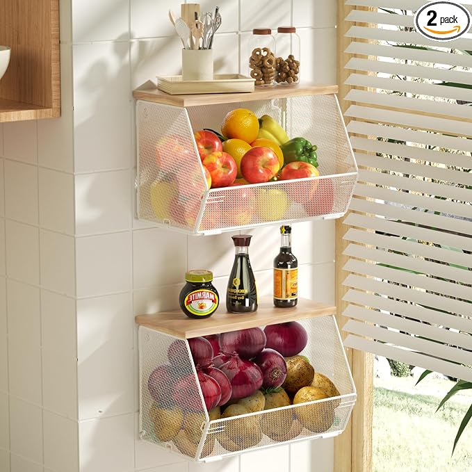 2 Tier Fruit Basket for Kitchen Counter, Stackable Onion and Potato Storage Basket, Wall Mounted Wire Basket with Wood Lid, Hanging Kitchen Storage Vegetable Organizer, 11.8 x 7.1 x 8.6 Inch by Litwaro