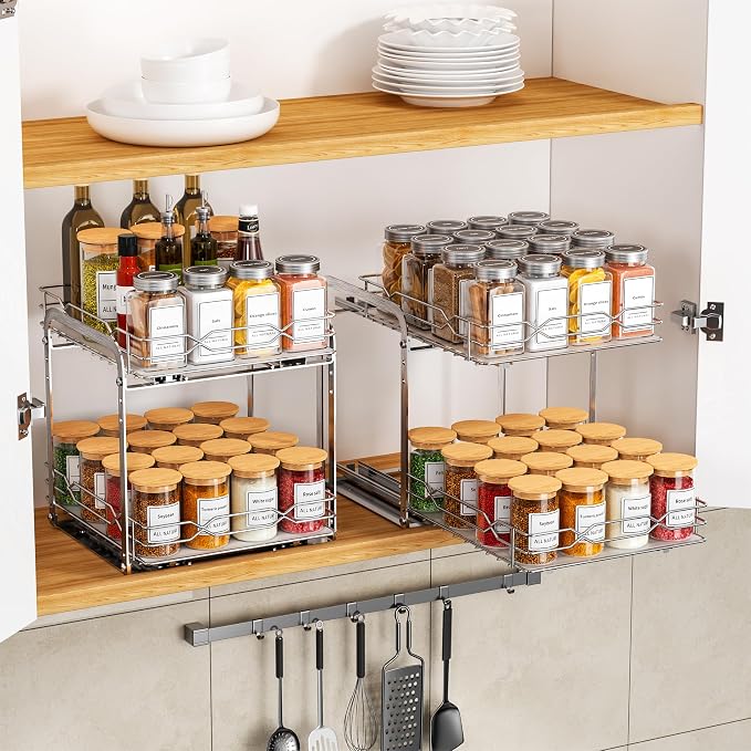 BOIVSHI Pull Out Spice Rack, 9.25" W x 10.39" D x 9.76" H | 2 Tier, Space-Saving, Spice Organization for Cabinet, Heavy Duty Metal Spice Organizer for Cabinet, Pantry, Kitchen - Image 2