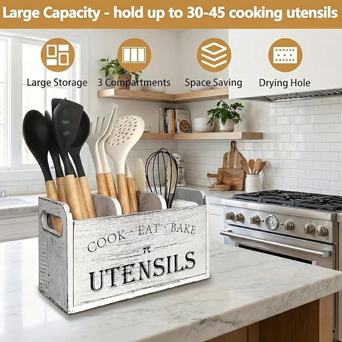 Rustic White Wooden Utensil Holder for Kitchen Counter Decor,Extra Large Kitchen Utensil Holder Silverware Caddy Farmhouse Wood Cutlery Holder Cooking Utensil Stand Storage kitchen Tools Holder - Image 4