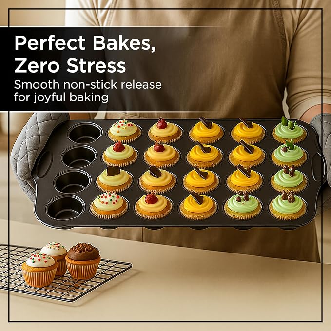 Wrenbury Mini Muffin Pan Non Toxic Set of 2 - Non Stick 24 Cup Small Cupcake Tray for Baking Joyful Bites - Dishwasher Friendly - Health Conscious Baking - 1.8" Cup - Image 3