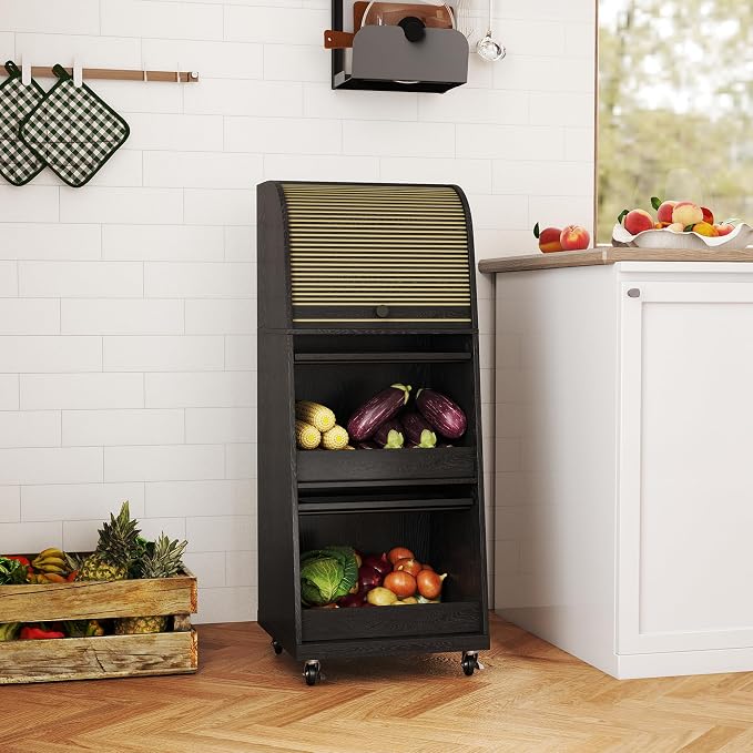 Movable Potato Storage Bins, Fruit Vegetable Basket, Kitchen Pantry Cabinet | Potato and Onion Storage Bin, for Bread, Mid Century Modern, Wooden, with Sliding Door and Wheels, Flip top, 3 Tier, Black - Image 8