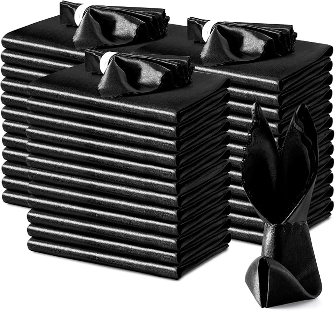 VACVELT 100 Pack Black Scalloped Satin Napkins 17x17 Inch Wedding | Scalloped Floral Edges With Silky Smooth Finish, Seamless Design, Machine Washable Wrinkle And Fade Resistant by VACVELT