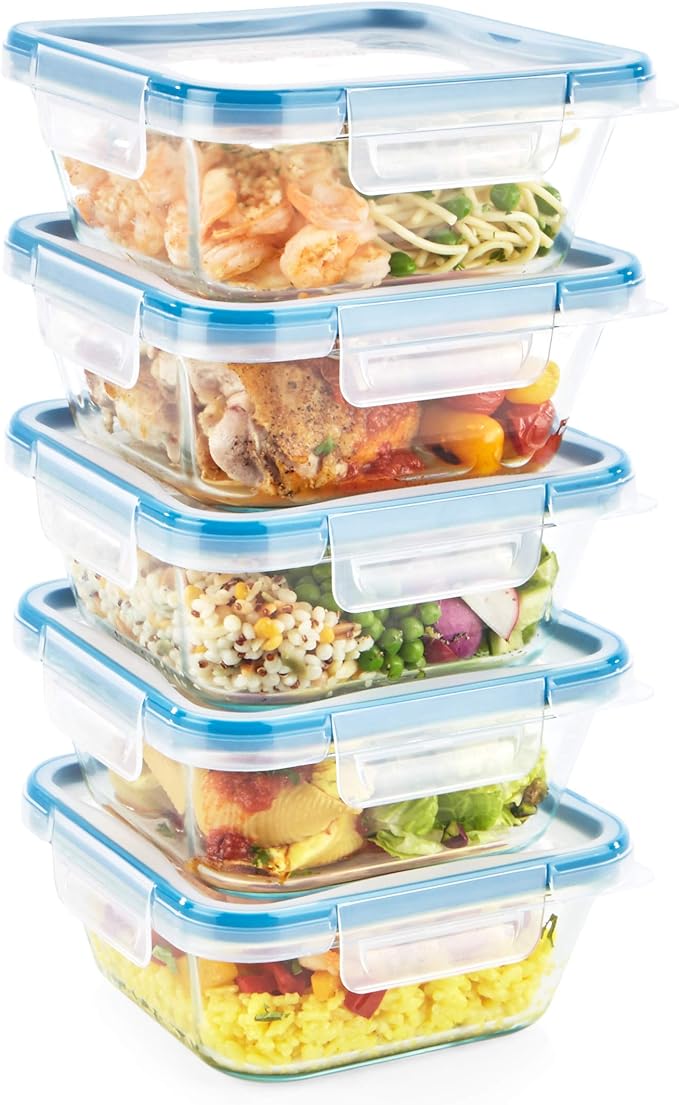 Snapware Glass Total Solutions (5-Pack, 4 Cup) Food Storage Containers Set | Airtight & leakproof plastic locking BPA-free lids, freezer, dishwasher, microwave safe by Snapware