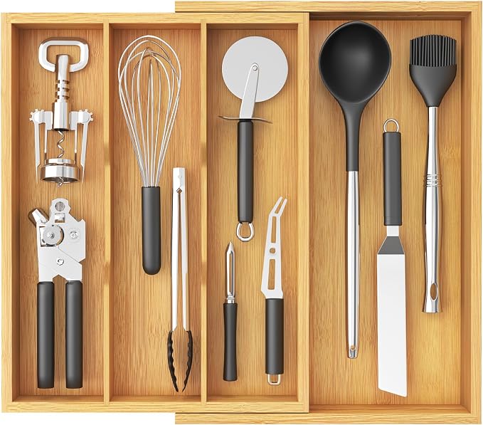 Lifewit Utensil Organizer for Kitchen Drawer, Expandable Cooking Utensil Tray, Cutlery Silverware Flatware Holder, Wood Adjustable Spatula Tools Storage Divider, 30-55 x 40cm, Natural by Lifewit