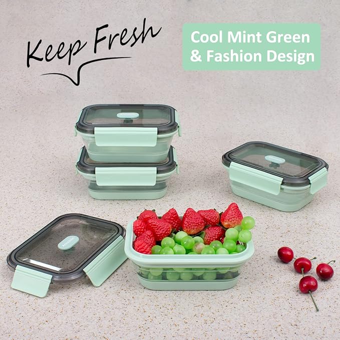 Collapsible Food Storage Containers with Lid & Air Vent, Clear Stacking Silicone Collapsible Food Container Set, Microwave Freezer Dishwasher Safe Space-Saver, Set of 4, Mint Green - Image 2