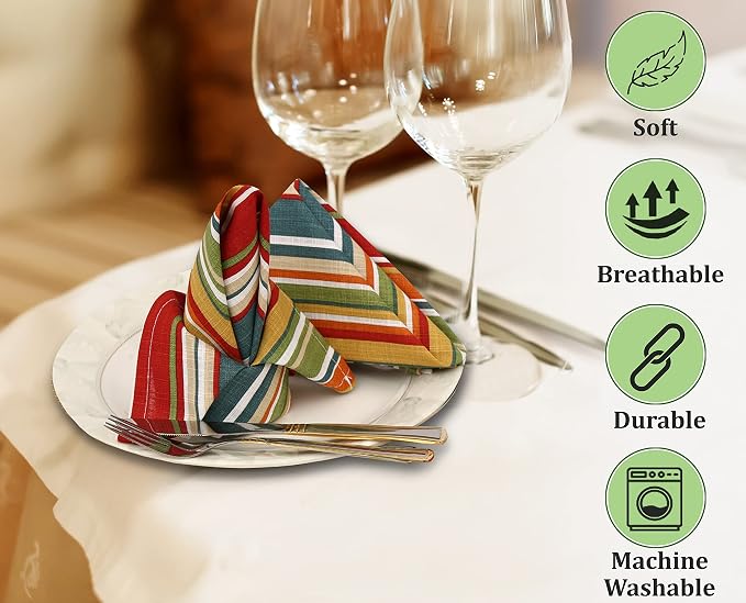 Ruvanti Cloth Napkins Set of 12 Cotton 100%, 20x20 Inches Napkins Cloth Washable, Soft, Absorbent, Cotton Napkin for Parties, Christmas, Thanksgiving, Weddings, Dinner NapkinsCloth - Multi Strip - Image 4