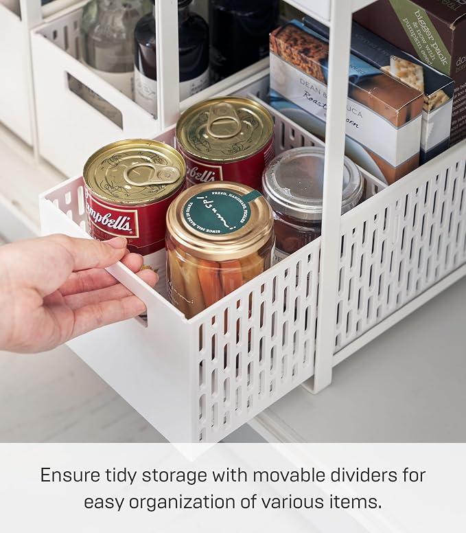 YAMAZAKI Home 2-Tier Storage Basket, Under-Sink Storage, ABS Plastic, White | Two-tier sliding baskets organizer rack designed for pantry or under-sink storage. Sturdy organization. - Image 6