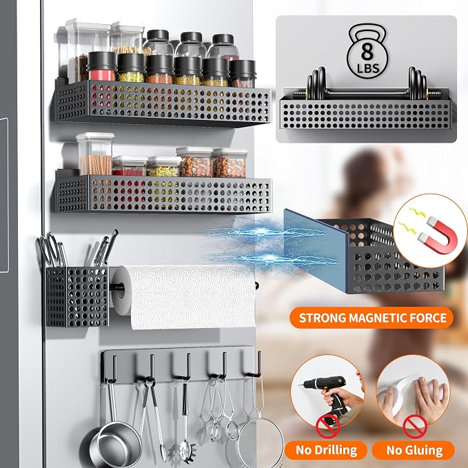 Magnetic Spice Rack for Refrigerator Set of 5 for Kitchen | Strong Magnetic Refrigerator Organizer 2 Tiers and Paper Towel Holder and Utensil Holder, Side Fridge Shelf for Storage - Image 2