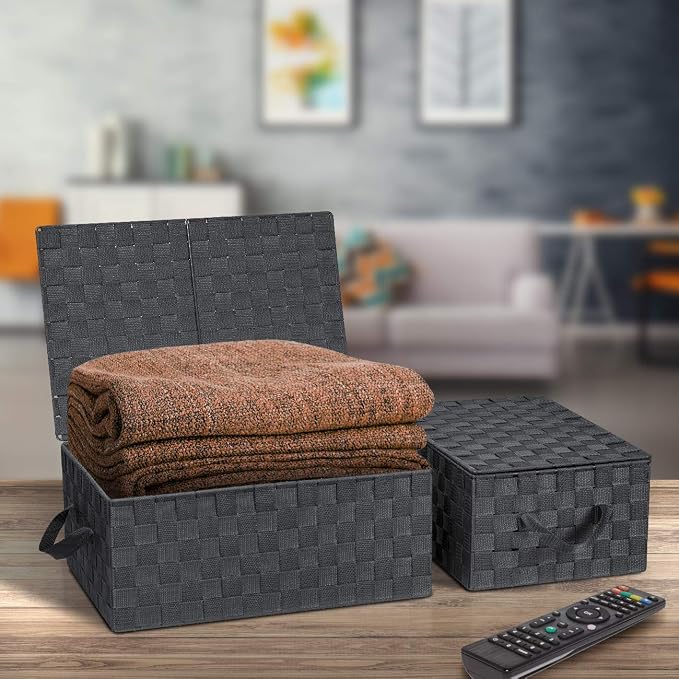 Sorbus Set of 3 Storage Baskets for Organizing with Lid, Mesh Hand-Woven Design, Linen Closet Organizers and Storage, Organizer Storage Baskets for Shelves, Variety Pack Organizers and Storage (Gray) - Image 3