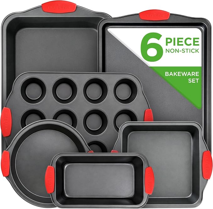 NutriChef Nonstick Baking Pans Set 6 Piece | Carbon Steel Baking Pans for Oven with Silicone Handles Stackable Bakeware | Includes Cookie Sheet, Muffin, Loaf, Round and Square Pan | 446°F Max, Gray by NutriChef%E2%84%A2Kitchen