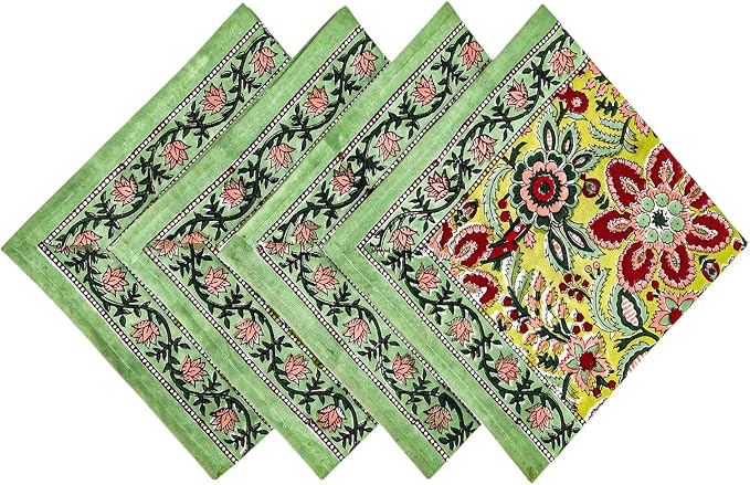 14x14 Inches Cotton Napkins Set of 4, Yellow Green, Washable Hand Block Printed Reusable Cloth Napkins for Dinning, Party, Wedding, Home Decor Autumn - Image 7