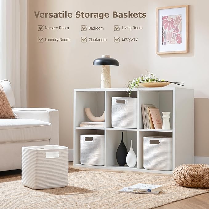 UBBCARE Set of 4 Cotton Rope Basket 13 X 13 X 13 Inches, Woven Storage Baskets for Shelves, Organizing with Handles, Cube Storage Bins for Storage Books, Magazines, White - Image 2