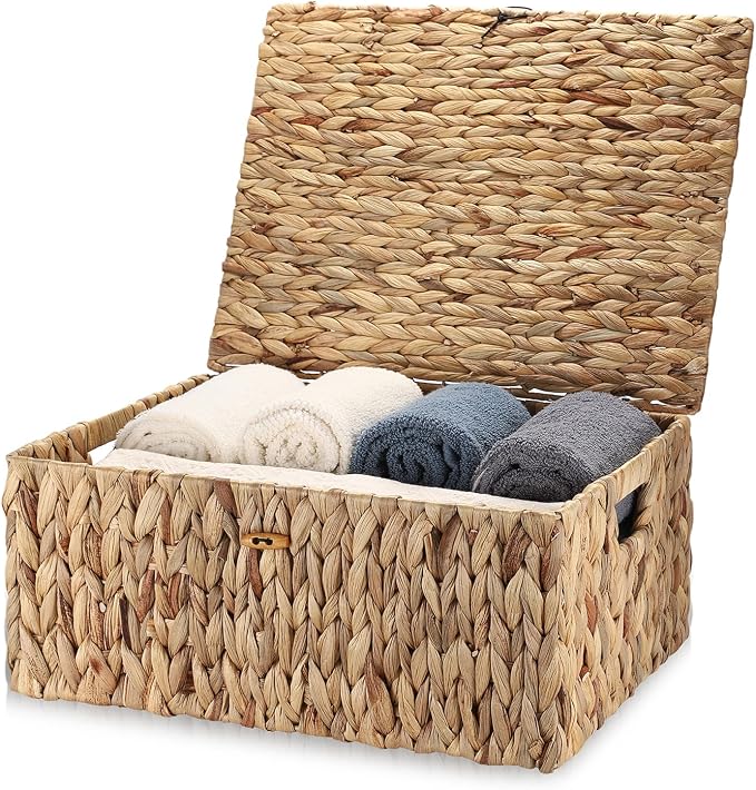 Hipiwe Handwoven Wicker Basket Natural Water Hyacinth Storage Bin with Lid | Decorative Shelf Basket with Handles for Closet Living Room Bathroom, 17.0" L x 13.2" W x 7.0" H - Image 8