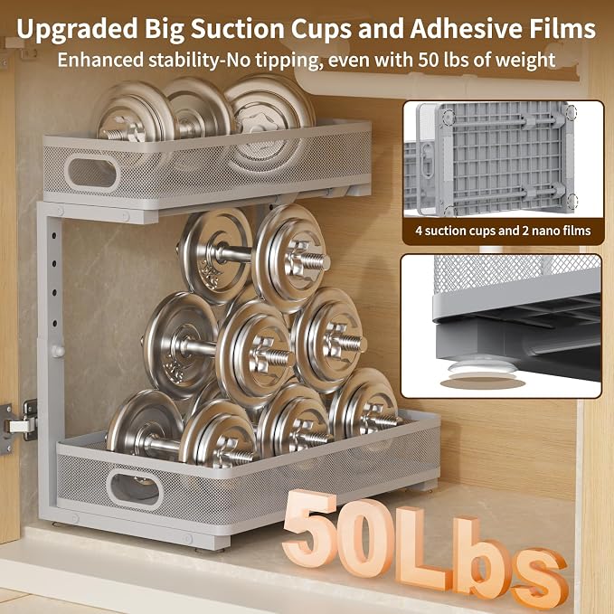 Under Sink Organizer 2 Pack, 2-Tier Slide Out Cabinet Organizer with Metal Sliding Drawer and Hooks, Pull Out Storage Baskets for Kitchen Bathroom Pantry Cabinet Organization (grey) - Image 4