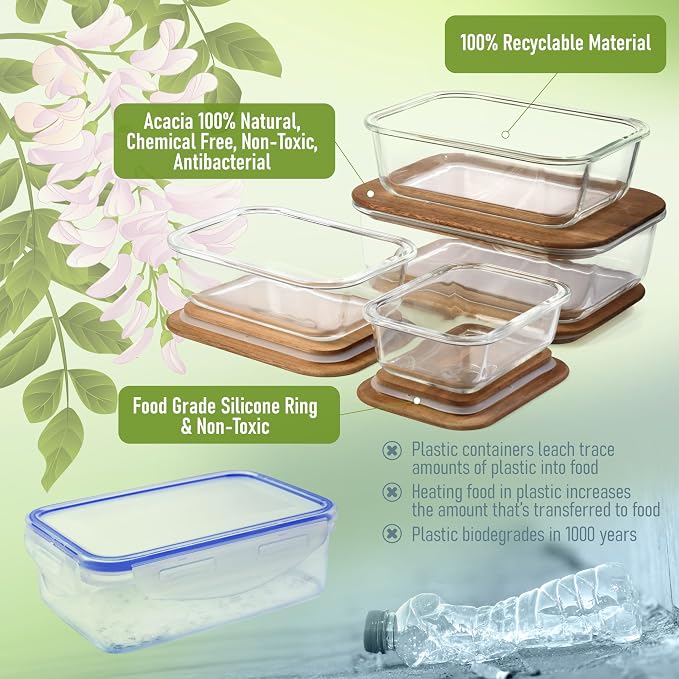 Glass Container Set with Acacia Lids - 4 Stackable Meal Prep Containers. Durable heat resistant Inert Borosilicate Glass - Image 6