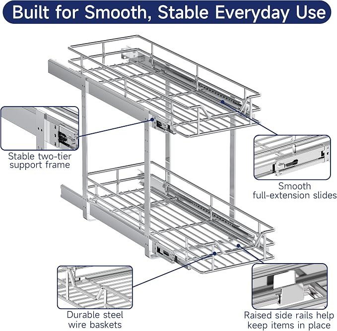 2-Tier Pull Out Cabinet Organizer, 10.5" W x 18" D, Heavy Duty Dual Slide Out Shelves for Narrow Base Cabinets, Chrome Wire Basket Drawer for Spices, Bottles & Snacks - Image 5