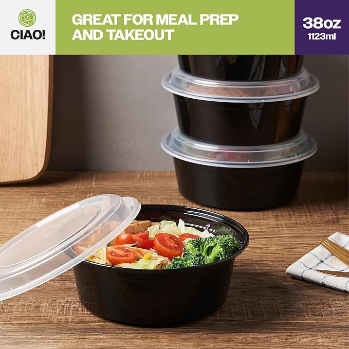 CIAO! Heavy Weight 38oz Injection Molded Microwavable Black Round Food Container with Lid (150/case) - Image 7