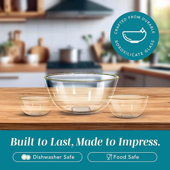 COOK WITH COLOR 12 Pc Glass Mixing Bowl Set with Lids – Borosilicate Glass Nesting Bowls for Cooking, Baking and Meal Prep, Gold Rim - Image 4