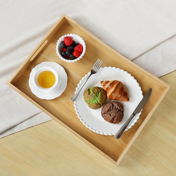 Gobam Bamboo Serving Tray with Handles, 19.7 x 13.8 inch Rectangular Decorative Tray for Entryway, Kitchen, Dining & Living Room, Large Wooden Breakfast Trays for Bed, Coffee Table & Ottoman - Image 5