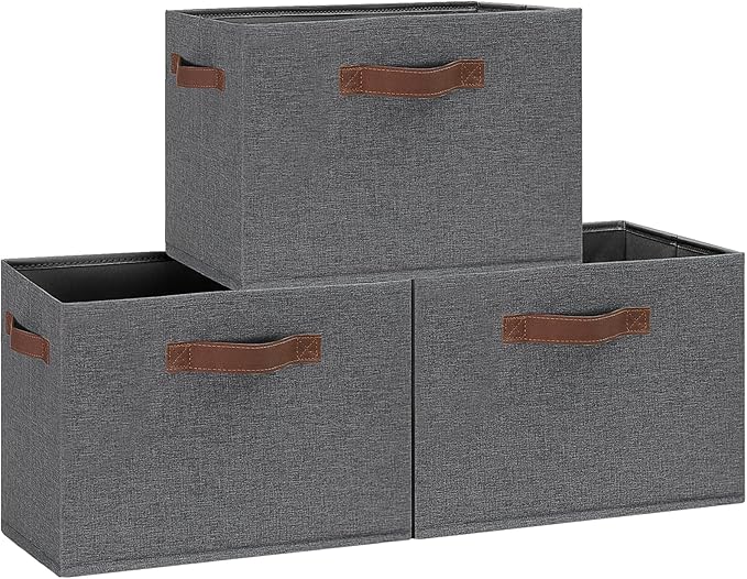 GhvyenntteS Large Fabric Storage Bins with 3 Handles, 15x11x9.6 Inch Storage Baskets for Shelves, Foldable Closet Storage Bins for Shelves, Closet Organizers and Storage Boxes, Gray by GhvyenntteS