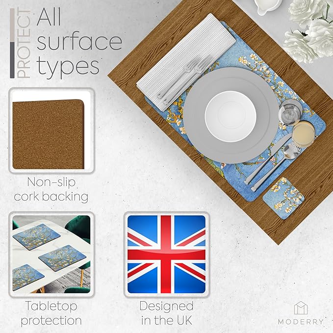 Set of 4 Heat Resistant Cork Placemats for Dining Table with Free Set of 4 Matching Drink Coasters Van Gough Blue Botanical Design 16 x 12 Inches Cork Backed Hard Placemats (Almond Blossoms) - Image 5