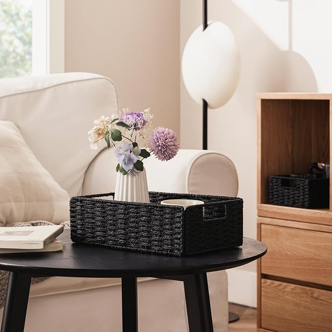 UBBCARE 2 Pack Wicker Basket, 11.5L×7.5H×3.5W inch Woven Paper Rope Storage Baskets for Shelves, Foldable Rectangular Storage Baskets with Handle, Storage Basket for Organizing, Black - Image 6
