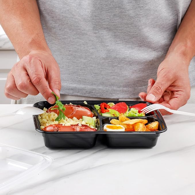 GUSTO 24 oz - 3 Compartment Meal Prep Containers with Lids – [Case of 150] Reusable, Microwaveable, Dishwasher & Freezer Safe, BPA-Free Food Storage Boxes for Portion Control (Formerly Comfy Package) - Image 6