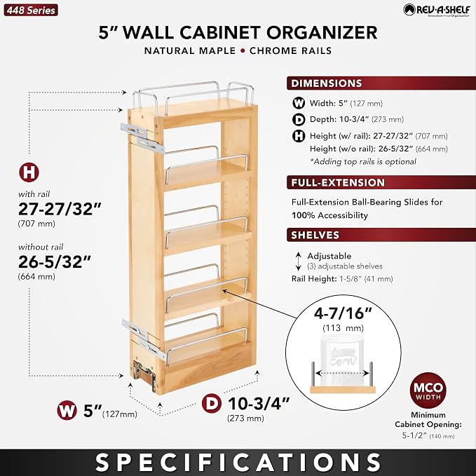 Rev-A-Shelf Maple Pullout Organizer for Wall Kitchen Cabinets, Full Extension Slides & Adjustable Shelves, Min Opening Width of 5.5", 448-WC-5C - Image 3