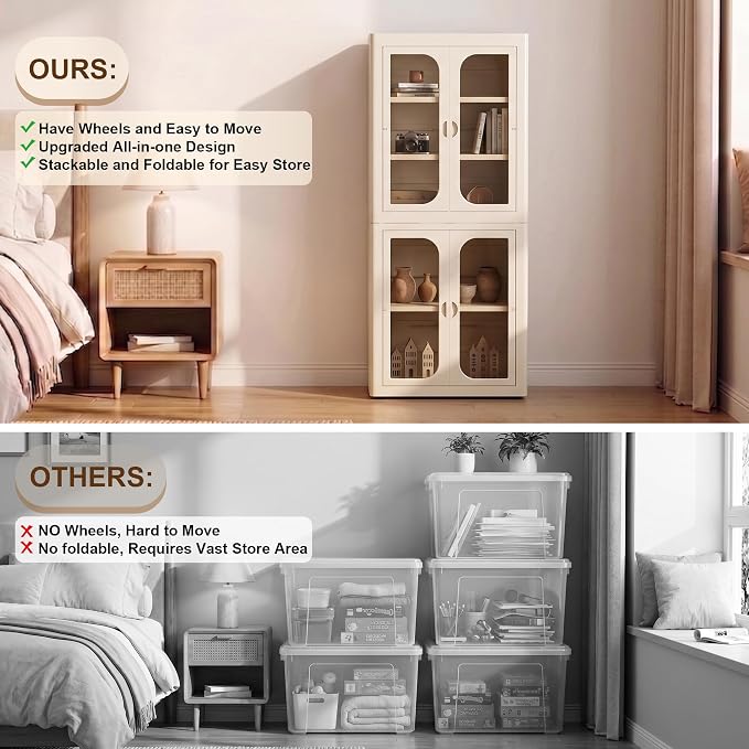 5-Tier Plastic Storage Cabinet with Adjustable Shelves | Stackable,Freestanding, Transparent Doors and Wheels, Tool-free Install, Durable PP, 20.41”×13.79”×52.32” Storage Organizer - Image 4