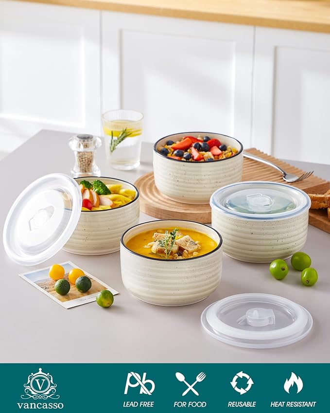 vancasso Bonbon Ceramic Bowls with Lids Set of 4, 36 oz Microwave Safe Soup Bowls, Airtight Food Storage Containers for Meal Prep, Salad, Cereal, Leftovers, Lunch, and Serving, Beige - Image 3