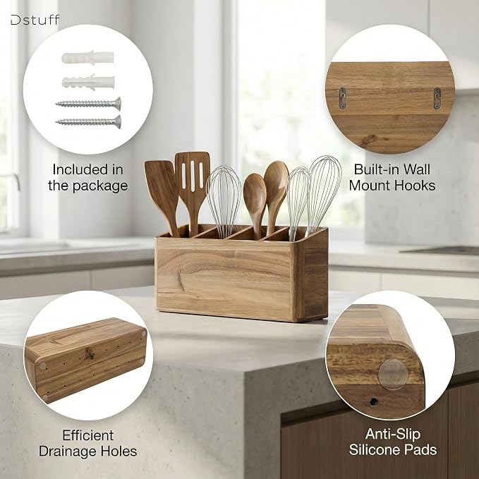 Dstuff Large Kitchen Utensil Holder Organizer for Counter or Countertop, Wooden Storage Container for Cooking and Silverware, Acacia Rustic Wood (4 Compartments) - Image 5