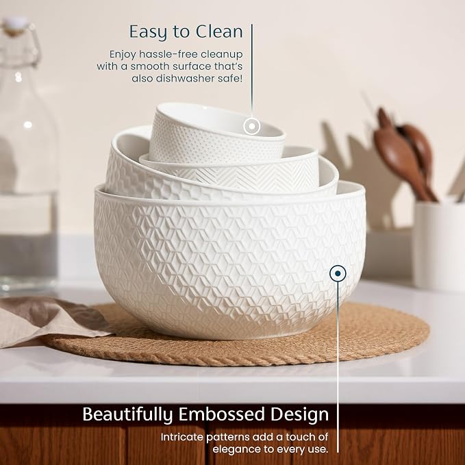 KooK Ceramic Mixing Bowls, Nesting Set of 4, Embossed Kitchen Dishware, Prep, Serving, Gift, Microwave and Dishwasher Safe, 20/44/98/145 oz, Narbonne Collection (Marshmallow) - Image 4