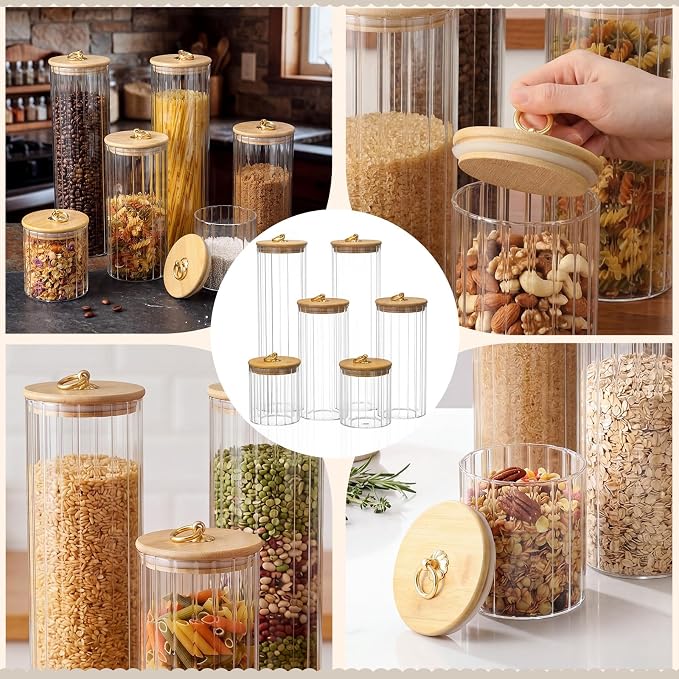 SiliFine 6 Set Glass Pantry Storage Jar with Acacia Airtight Lid 3 Size Glass Storage Container Jar for Pasta Spaghetti Cereal Coffee Bean Flour Sugar Rice, 17oz, 35oz, 53oz (Bamboo Lid with Ring) - Image 6