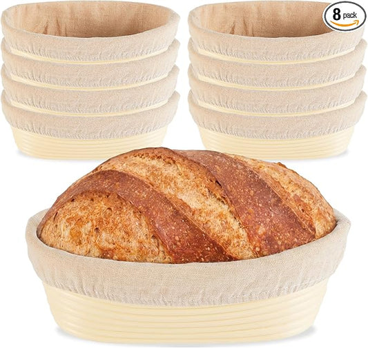 8 Pack Banneton Bread Proofing Basket 10 Inch Oval Rattan Banneton Baskets with Linen Liner Cloth Sourdough Basket Dough Proofing Basket for Professional & Home Sourdough Bread Baking by Bornerwhite