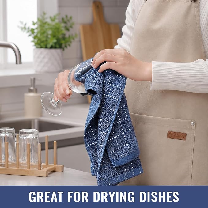 Kitinjoy 100% Cotton Terry Kitchen Towels, 13”x 28”, 4-Pack, Navy Blue | Checkered Designed, Ultra Soft Absorbent Quick Drying Dish Towels - Image 6
