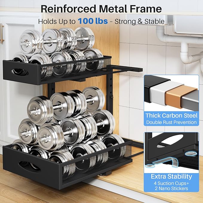 Under Sink Organizer, 2 Pack 2 Tier Pull Out Under Cabinet Organizer Shelf with Pad for Framed Cabinets, Metal Slide Out Under Sink Storage, Mesh Sliding Drawers for Kitchen Bathroom Laundry, Black - Image 7