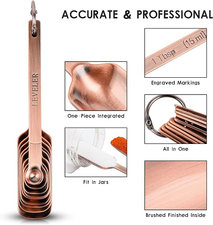 Copper Measuring Cups and Spoons Set 17, 7 Stainless Steel Measuring Cups&9 Long Hanlde Narrow Measuring Spoons for Spice Jar&Leveler, Kitchen Metric&US Measure Cup Spoons for Dry and Liquid - Image 7