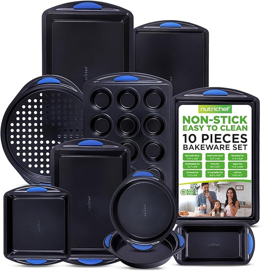 NutriChef 10-Piece Nonstick Bakeware Set - Heavy Duty Carbon Steel Baking Trays w/Silicone Handles - Includes Cookie Sheets, 12-Cup Muffin Pan, Pizza & Loaf Pan, Round & Square Pans - Easy to Clean by NutriChef%E2%84%A2Kitchen