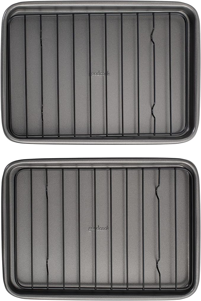 GoodCook Set of 2 Nonstick Steel 9" x 6" Toaster Oven Mini Baking Sheets with Racks, Gray by GoodCook