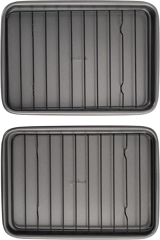 GoodCook Set of 2 Nonstick Steel 9" x 6" Toaster Oven Mini Baking Sheets with Racks, Gray by GoodCook