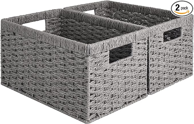 StorageWorks Wicker Storage Baskets, Gray Baskets for Storage, 2-Pack | Paper Rope Wicker Storage Baskets for Shelves, Rectangular Wicker Baskets with Handles, Handwoven Grey Baskets, Woven Baskets by StorageWorks