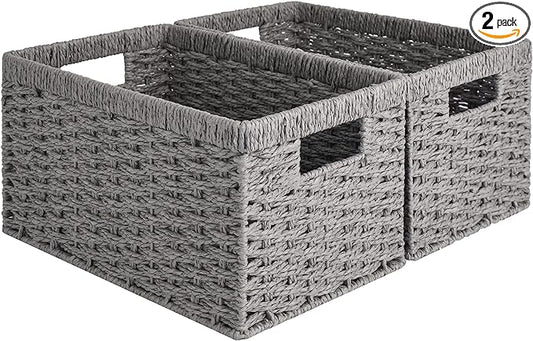 StorageWorks Wicker Storage Baskets, Gray Baskets for Storage, 2-Pack | Paper Rope Wicker Storage Baskets for Shelves, Rectangular Wicker Baskets with Handles, Handwoven Grey Baskets, Woven Baskets by StorageWorks