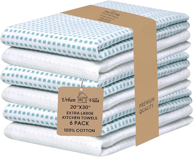 Urban Villa Kitchen Towels Cotton Dish Towels 20”x30” (Set of 6) Aqua White by CottonTrends